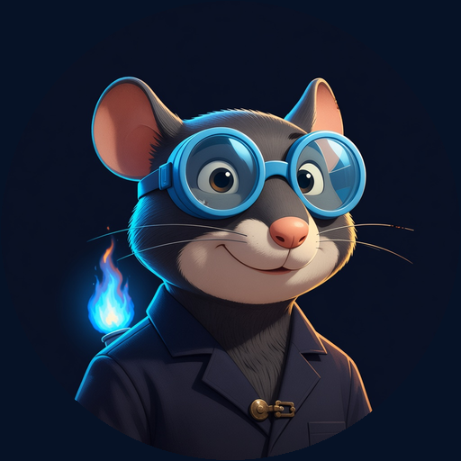 Bunsen, a charcoal lab mouse in cyan safety goggles and a navy lab coat, holding a controlled blue flame